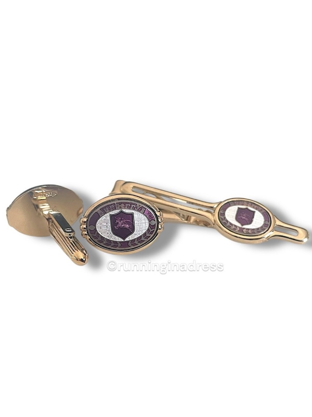 VTG Burberrys Gold Purple Nova Check Equestrian Knight Enamel Cufflink Bar Set